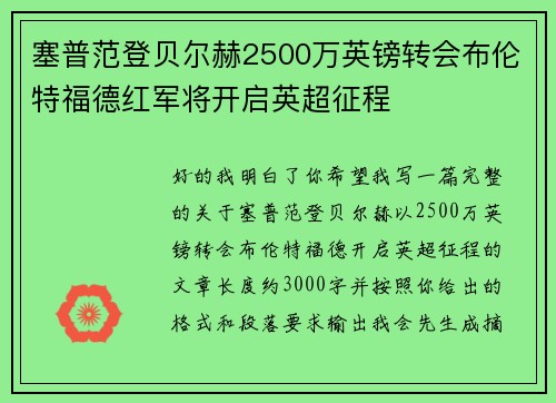 塞普范登贝尔赫2500万英镑转会布伦特福德红军将开启英超征程