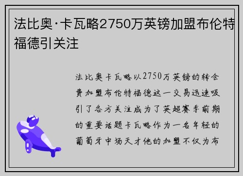 法比奥·卡瓦略2750万英镑加盟布伦特福德引关注