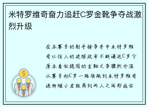 米特罗维奇奋力追赶C罗金靴争夺战激烈升级