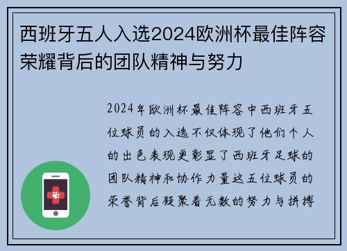 西班牙五人入选2024欧洲杯最佳阵容荣耀背后的团队精神与努力