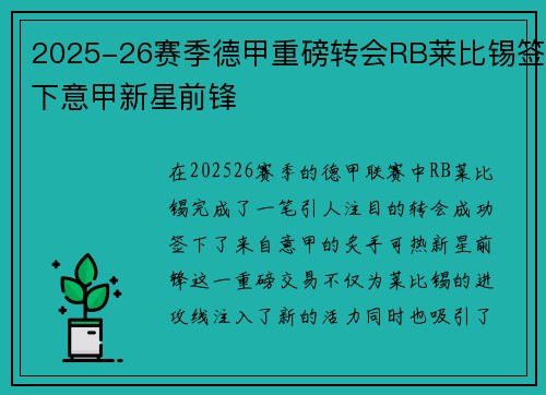 2025-26赛季德甲重磅转会RB莱比锡签下意甲新星前锋